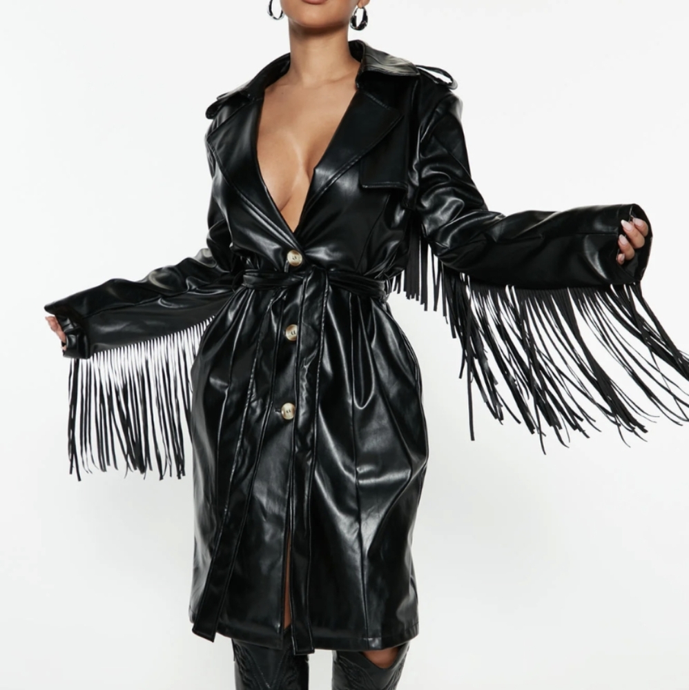 Black pleather fringe trench coat (M)
